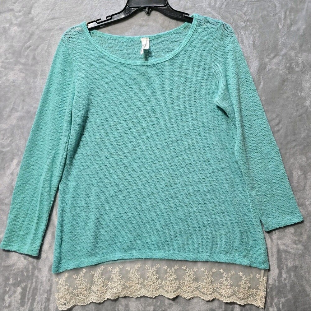 Now N Forever Womens Open Knit See Through Sweater Mint Green Large Lace Hem